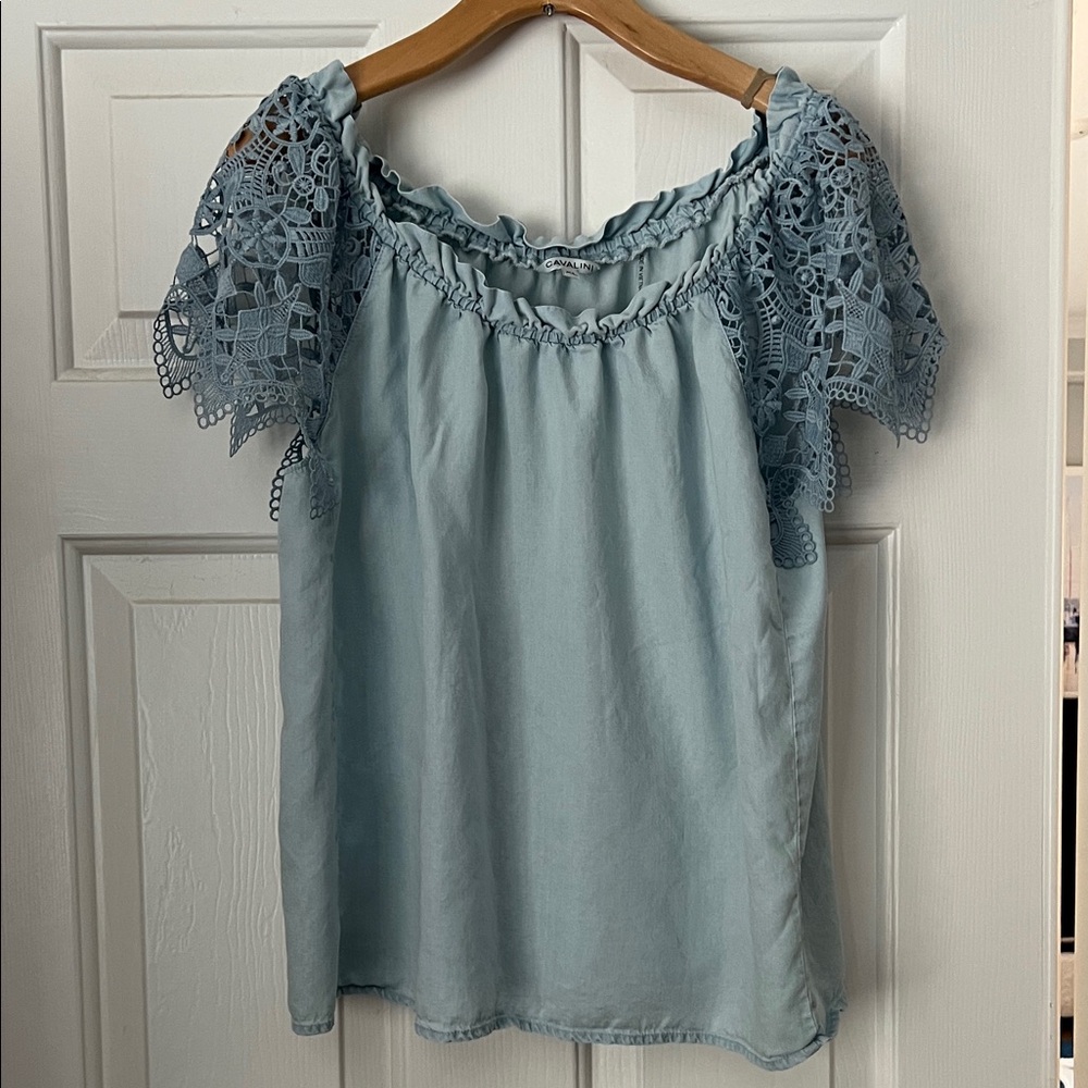 Cavalini Light Blue Blouse with Lace Sleeves